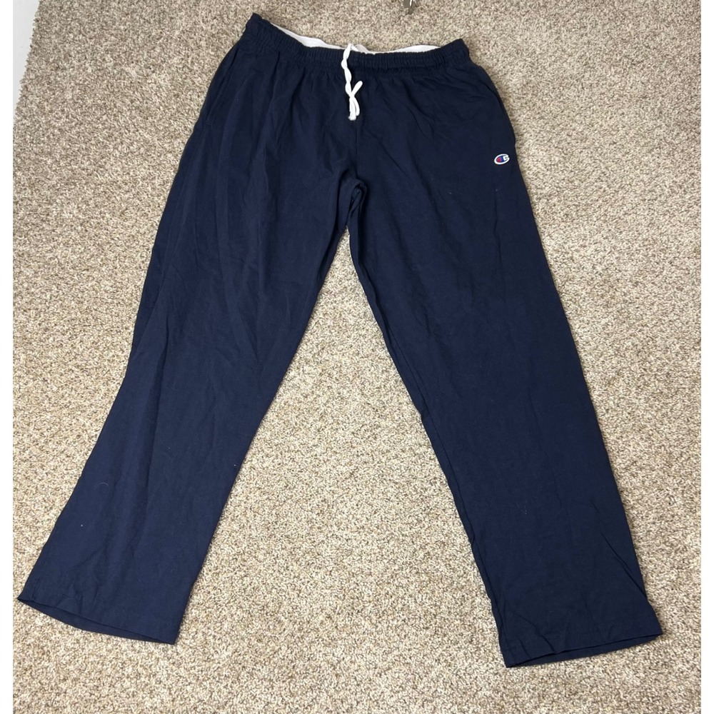 Champion Mens Jersey Sweatpants Navy Blue XL Open Bottom Lounge Pants Drawstring